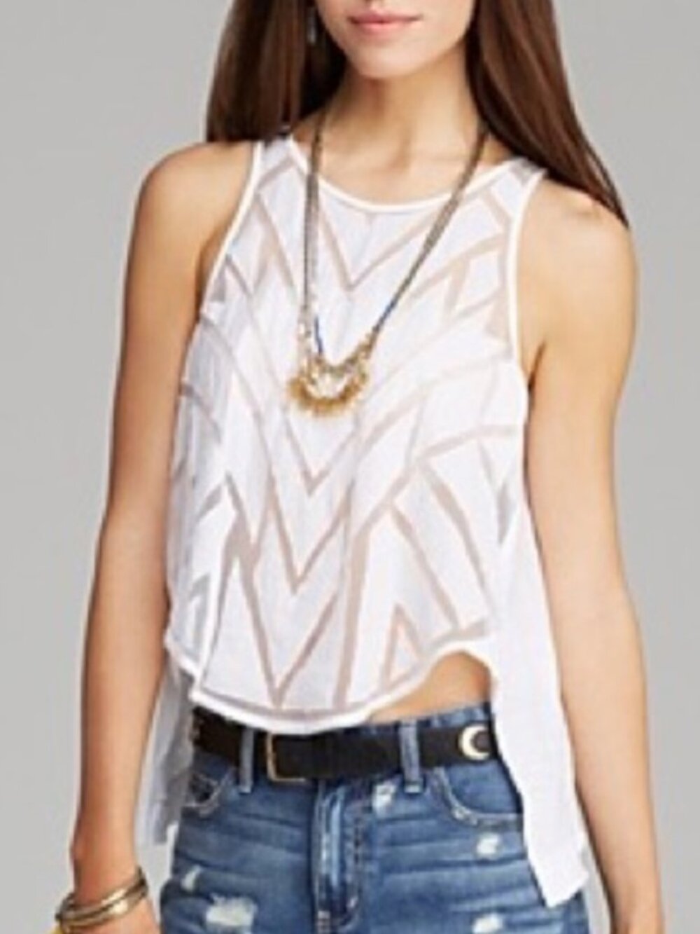 Free People New White Sheer Panels Caged Cutout Tank Top Blouse Women's L